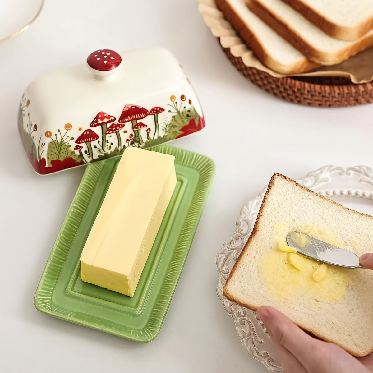 Ceramic Butter Dish with Lid | Cartoon Mushroom Design