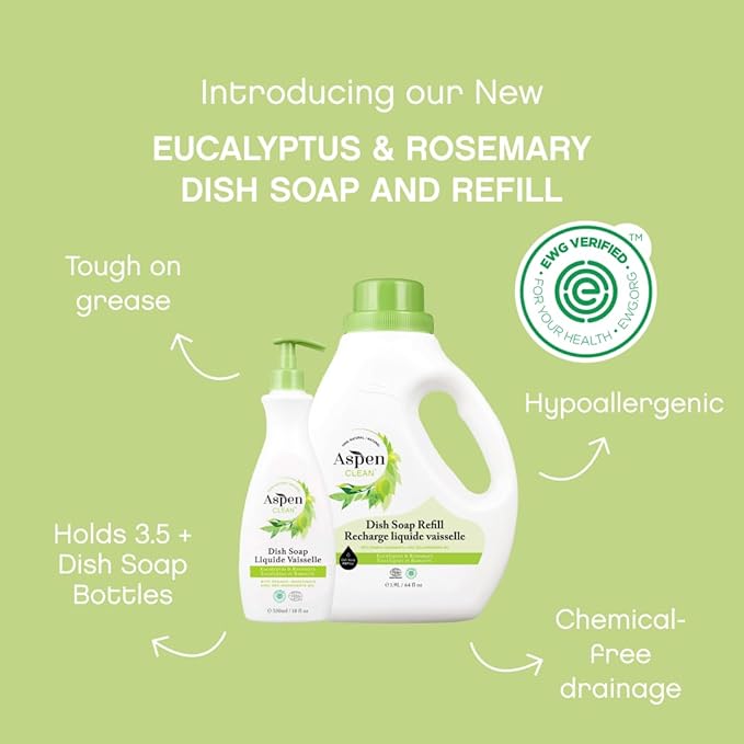 AspenClean Natural Dish Soap and Refill Eucalyptus and Rosemary - 100% Natural, Organic, Baby-Safe, Pet-Friendly, Vegan, Cruelty-Free, Biodegradable - EWG VERIFIED & EcoCert Certified