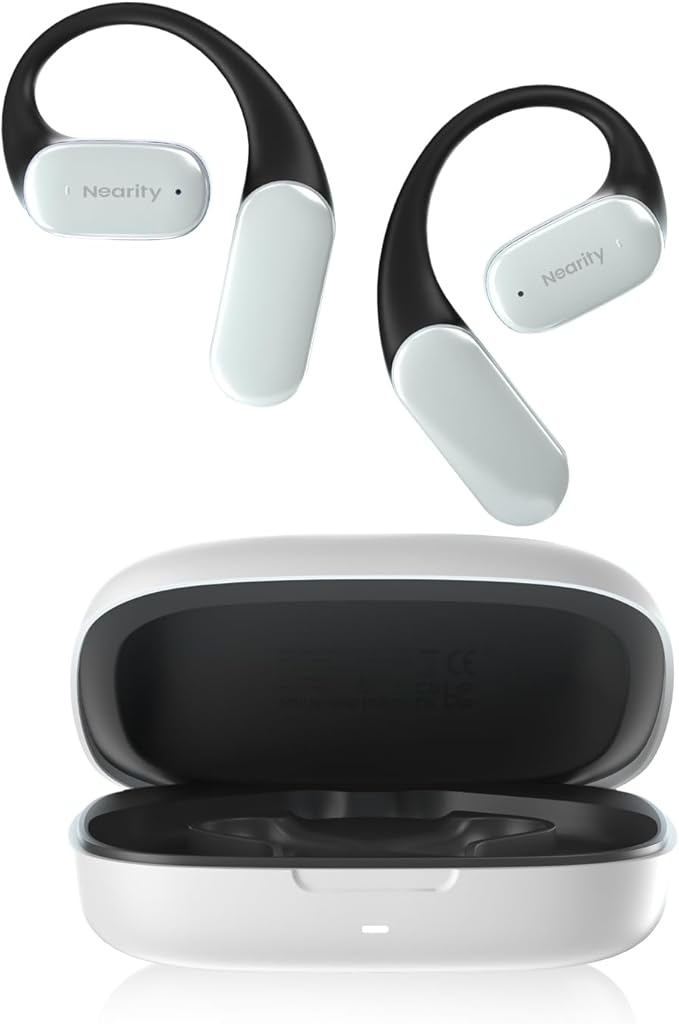 MemPod Fit 2 Open Ear Bluetooth Headphones, Wireless Earbuds with Deep Bass, Up to 45H Playtime with Charging Case, Ultra Comfort, Dual Connection, Air Conduction, for Phone/Mac, White