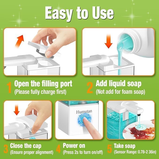 16.5oz Rechargeable and Touchless Liquid Dish Soap Dispenser with Non-Slip Base & 3 Adjustable Levels, Automatic Hand Soap Dispenser for Bathroom, Kitchen, Hotel, Restaurant, Laundry(White)