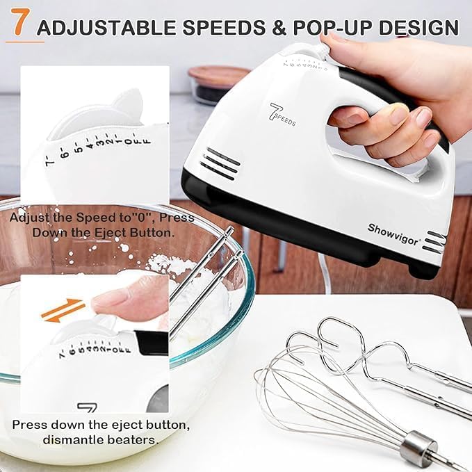 Handmixer Electric Handheld - 7 Speed Portable Kitchen Mixer Electric with 5 Stainless Steel Accessories Whisk, Food Beater for Whipping Mixing Cookies Cakes Eggs Dough