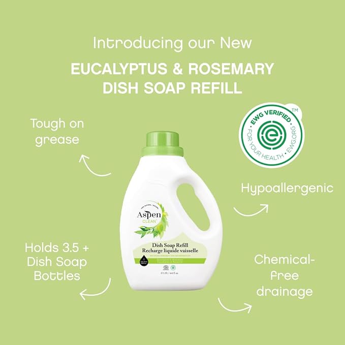AspenClean Natural Dish Soap Refill Eucalyptus and Rosemary - 100% Natural, Organic, Baby-Safe, Pet-Friendly, Vegan, Cruelty-Free, Biodegradable - EWG VERIFIED & EcoCert Certified (2 Pack)