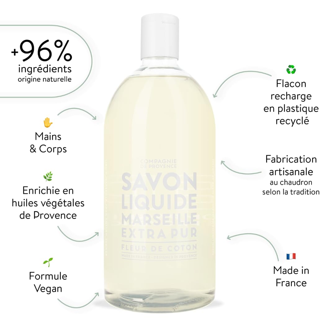 Compagnie de Provence Savon de Marseille Extra Pure Liquid Soap - Cotton Flower - 33.8 fl oz Plastic Bottle Refill