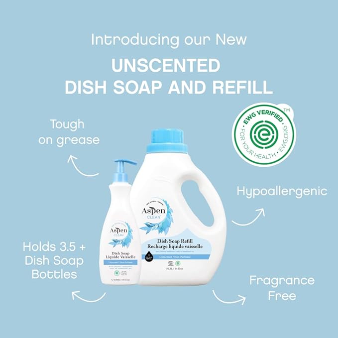 AspenClean Natural Dish Soap and Refill Unscented - 100% Natural, Organic, Baby-Safe, Pet-Friendly, Vegan, Cruelty-Free, Biodegradable - EWG VERIFIED & EcoCert Certified