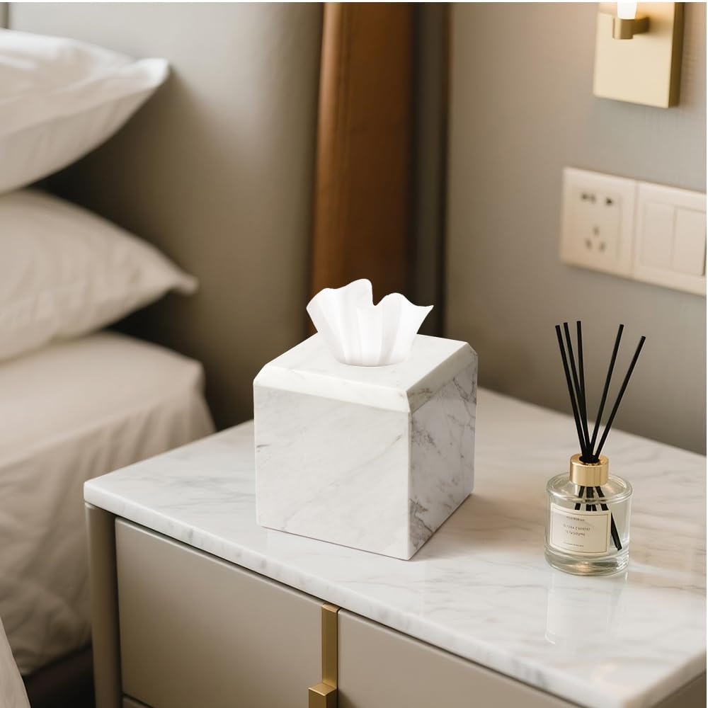 WORHE Tissue Box Cover Italy Natural Marble Heavy Duty Square Facial Toilet Paper Holder for Bathroom Living Room Bedroom Dresser Vanity Kitchen Minimalistic Office Home Decor Jazz White (WH014)