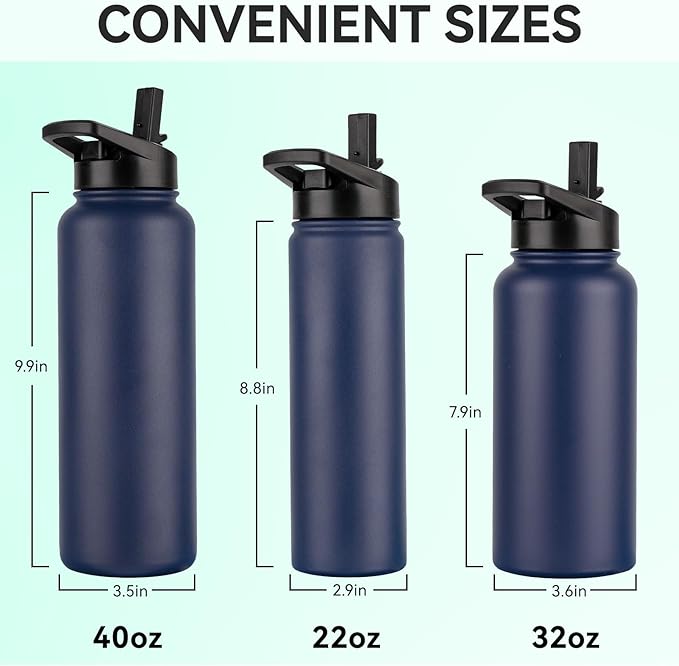 DOMICARE 32 oz Insulated Water Bottle, Vacuum Insulated Stainless Steel Sports Water Bottle with Straw Lid & Spout Lid, Leakproof, Reusable - Travel, Camping, Bike, Navy Blue