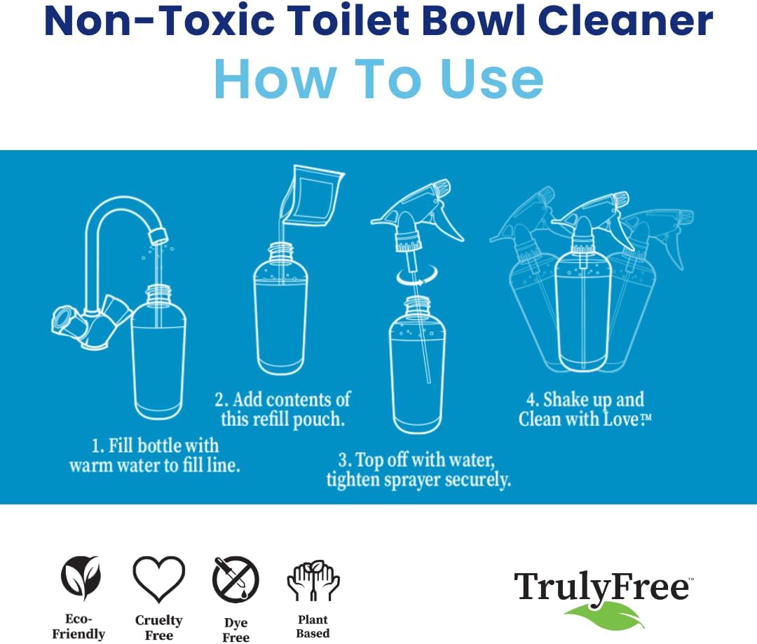 Truly Free Toilet Bowl Cleaner - Heavy-Duty Stain Remover - Septic Safe, Plant-Based Formula - Fresh Peppermint Scent - 1 Refill (3oz) with Empty Refillable Bottle