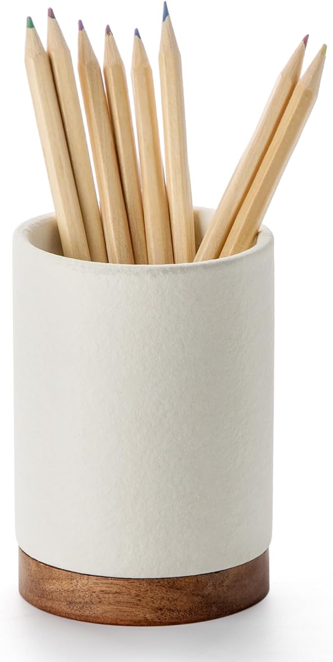 Pen Holder for Desk, Ceramic Pencil Organizer & Makeup Brush Holder, Office Decor and Desk Accessories,Perfect Office Organization,Teacher Supplies (White, Set / 1)
