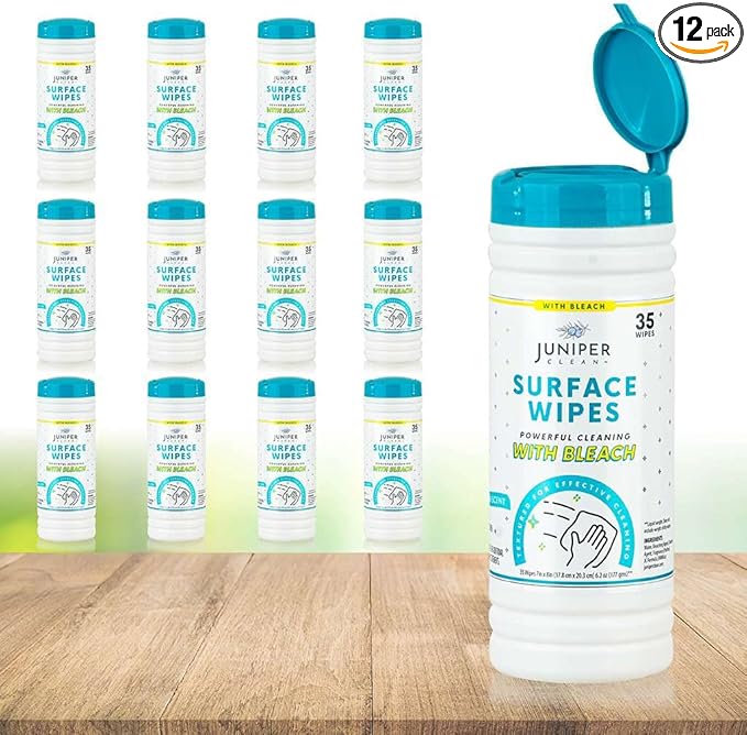 12 Pack Surface Cleaning Wipes with Bleach, All-Purpose Cleaner for Bathroom, Kitchen, Office, 420 Count Canister, 7.5" x 7" Sheet, Fresh Scent, Lint Free & Durable