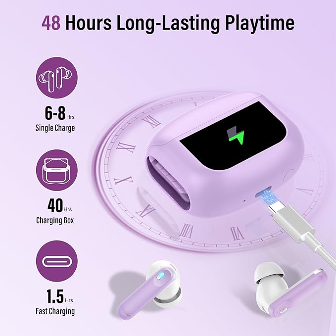 Wireless Earbuds, Bluetooth 5.4 Ear Buds with Multifunctional Touch Screen, 48H Bass Stereo Headphones with ANC/ENC Noise Cancelling/Transparency Mode, IPX7 Earphones with 5 EQ Modes, Purple