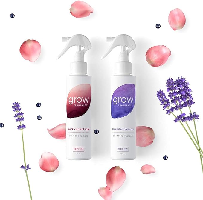 Grow Fragrance Scented Fabric and Room Air Freshener Spray - Certified Non-Toxic, 100% Plant-Based Essential Oils - 5 oz (Lavender Blossom + Black Currant Rose 2-Count)