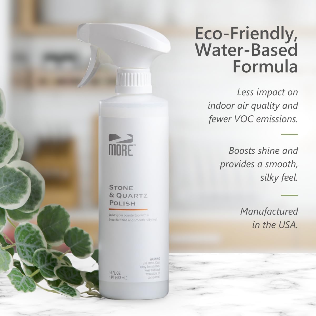 MORE - Stone & Quartz Polish - For Granite, Marble, & Natural Stone Countertops - Spray & Wipe Streak-Free - Water-Based Formula - Marble & Granite Polish - For Indoor & Outdoor Stone - 16 oz