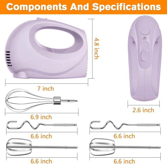 Handmixer Electric Handheld - 7 Speed Portable Kitchen Mixer Electric with 5 Stainless Steel Accessories Whisk, Food Beater for Whipping Mixing Cookies Cakes Eggs, Pueple