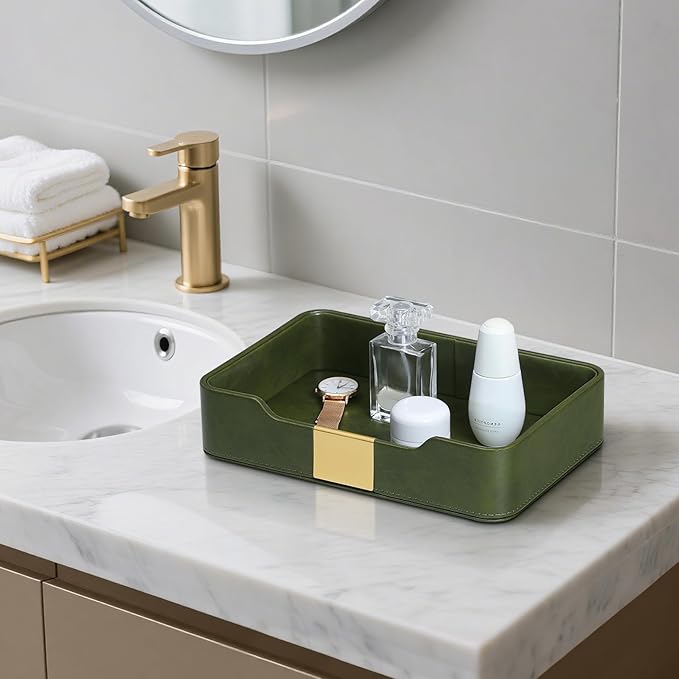 PU Leather Valet Tray with Gold Accent, Decorative Nightstand Organizer Desk Trays Cologne Organizer for Men - Key Bowl Vanity Trinket Tray for Dresser Bedside Entryway Table (Olive Green)