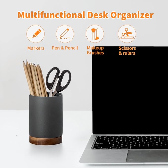 Pen Holder for Desk, Ceramic Pencil Organizer & Makeup Brush Holder, Office Decor and Desk Accessories,Perfect Office Organization,Teacher Supplies (Dark Grey, Set / 2)