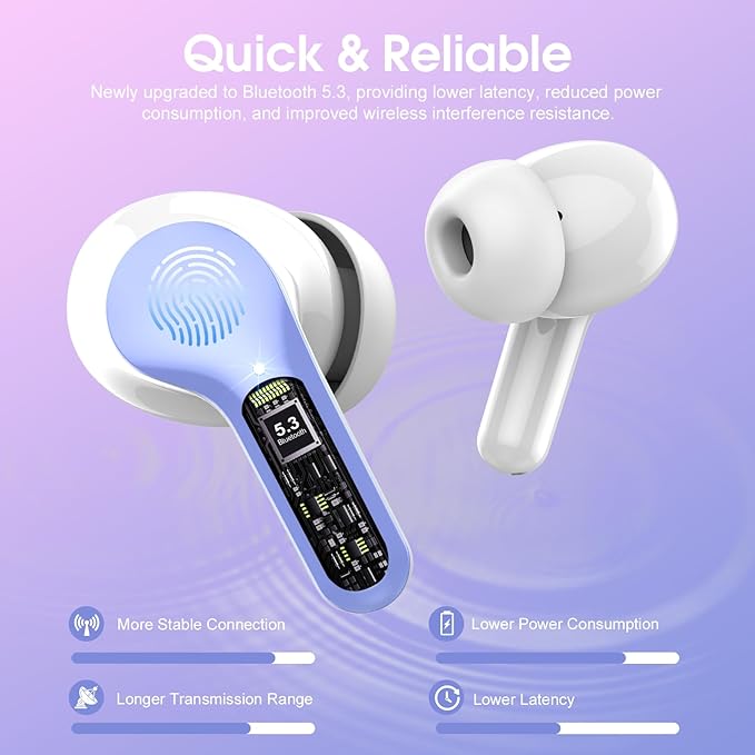 Wireless Earbuds, Bluetooth 5.4 Headphones HiFi Stereo, Bluetooth Earbuds with ENC Noise Cancelling Mic, IP7 Waterproof in Ear Earphones, 48H, LED Display Ear buds for Pad Workout Sports, White Purple