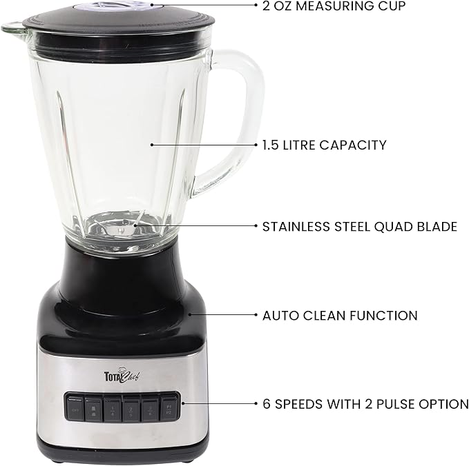 Total Chef Countertop Blender - Electric Mixer, Milkshake, Puree Maker, Frozen Smoothie, Shakes, Licuadora Grinder Kitchen Appliance With 6 Speed & Pulse Function, Dishwasher Safe Glass Pitcher, Black