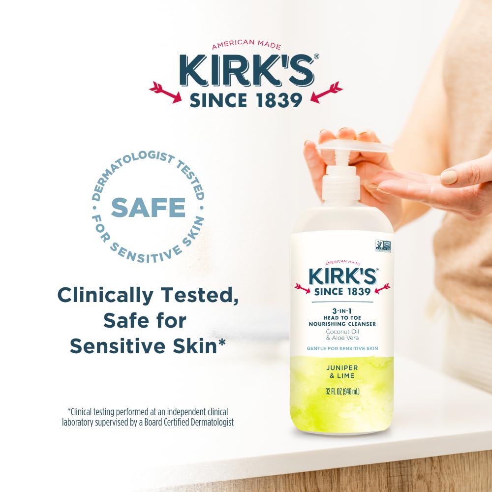 Kirk's 3-in-1 Castile Liquid Soap Travel Size Bar Soap (1.13 oz.) | Head-to-Toe Clean Shampoo, Face Soap & Body Wash for Men, Women & Children | Juniper & Lime Scent | 32 Fl Oz.