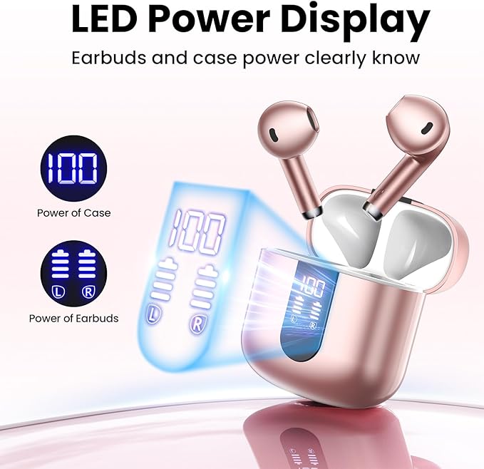 Wireless Earbuds, Bluetooth Headphones with Deep Bass Stereo, 48H Playback Ear Buds with LED Power Display Charging Case, IPX7 Waterproof in-Ear Earphones with Mic for iPhone, Android Phone, Rose Gold