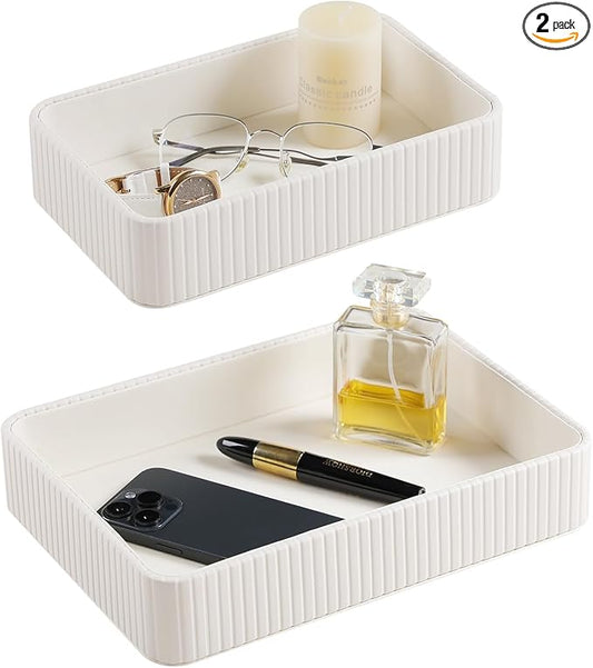 2 Pack Nightstand Organizer Tray, Decorative Perfume Valet Tray Trinket Dish Catch All Purse Key Bowl, PU Leather Coffee Table Trays for Vanity Dresser Bedside Bathroom Countertop (Ivory)