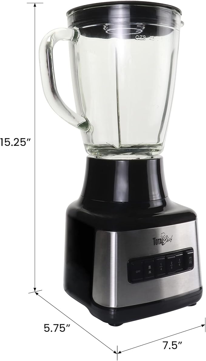 Total Chef Countertop Blender - Electric Mixer, Milkshake, Puree Maker, Frozen Smoothie, Shakes, Licuadora Grinder Kitchen Appliance With 6 Speed & Pulse Function, Dishwasher Safe Glass Pitcher, Black