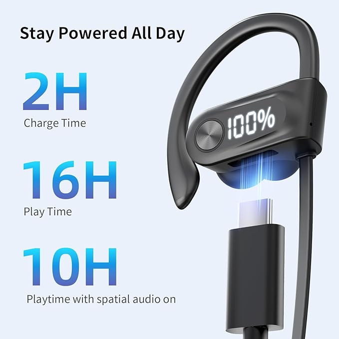 Bluetooth Headphones Wireless Earbuds with Spatial Audio Deep Bass Stereo Sound Isolation Bluetooth 5.4 IPX7 Waterproof Headphones with Digital Display Running Earphones for Sports, Gym, Workout
