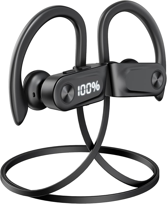 Bluetooth Headphones Wireless Earbuds with Spatial Audio Deep Bass Stereo Sound Isolation Bluetooth 5.4 IPX7 Waterproof Headphones with Digital Display Running Earphones for Sports, Gym, Workout