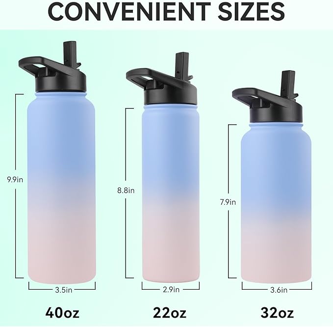 DOMICARE Insulated Water Bottle, 22 oz Vacuum Insulated Stainless Steel Reusable Sports Bottle with Straw Lid & Spout Lid for Travel, Camping, Bike, Leakproof, Blue/Pink, 4 Pack