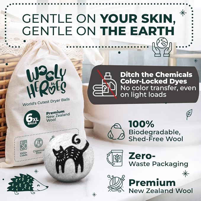 No More Dryer Sheets! Reusable Wool Dryer Balls XL 6-Pack - Reduces Static, Cuts Dry Time, & Softens Naturally