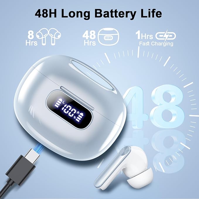 Wireless Earbuds, Bluetooth 5.3 Headphones with LED Power Display, 2025 New Wireless Earphones, HiFi Stereo,4 ENC Noise Cancelling Mic, 48H Playtime Mini Case IP7 Waterproof for iOS Android