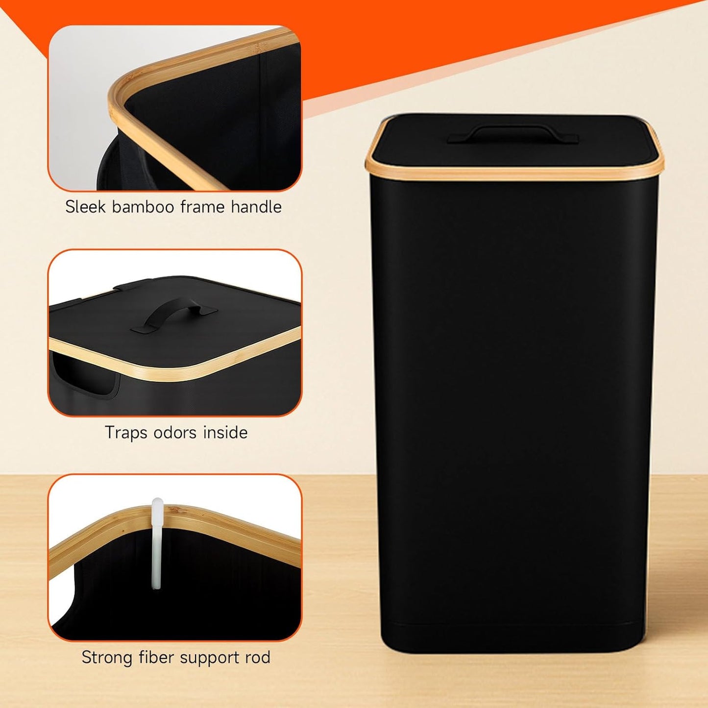 26 Gall/100L Foldable Laundry Hamper with Lid & Collapsible Basket - Clothes Hampers for Laundry with Bamboo Handles and A Removable Bag, Portable Clothes Organizer for Home, Dorm, Travel, Black