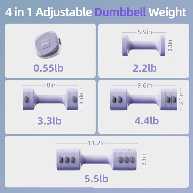 Lightweight Adjustable Dumbbell Kettlebell Set - 4 in 1 Free Weight Set with Kettlebell Grip Converter, Each 2.2 3.3 4.4 5.5lb Quick Change Weight Women Dumbbell Set for Small Spaces Home Gym