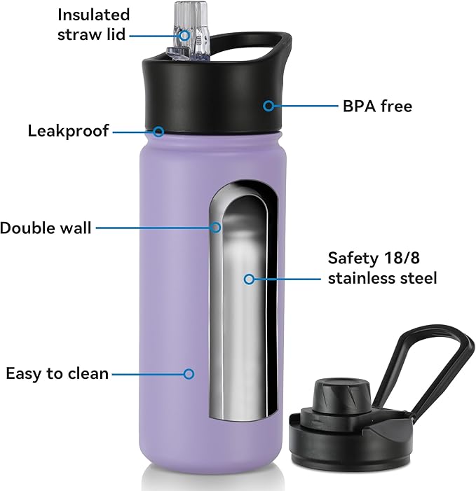 16 oz Insulated Water Bottle with Straw Lids, Stainless Steel Kids Water Bottles for School, Double Wall Vacuum Metal Water Bottle with Straw & Wide Mouth Lid, Lavender 8 Pack