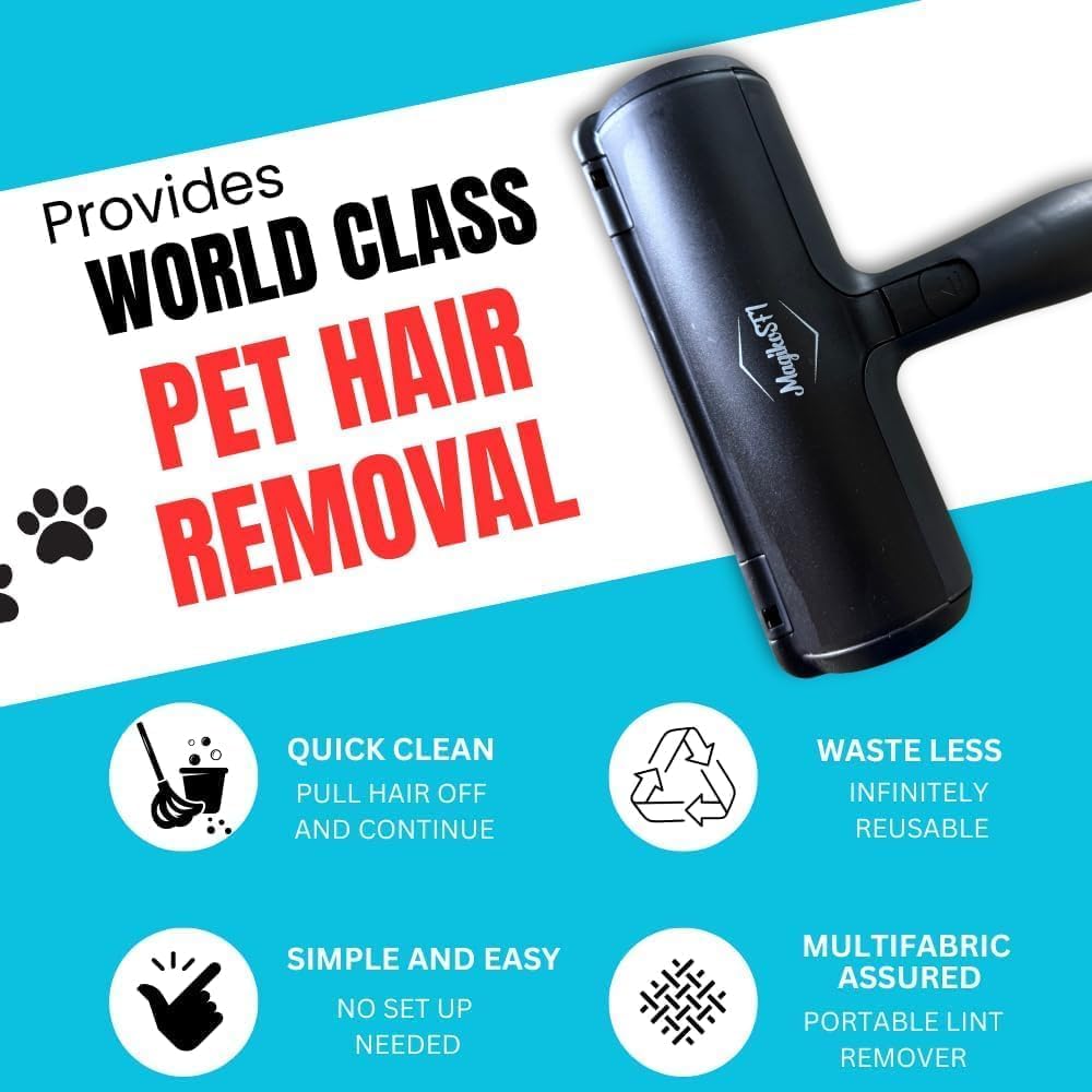 Pet Hair Remover Roller | Reusable Lint Roller for Dog & Cat Hair | Multi-Surface Fur Remover for Furniture, Couch, Carpet, Clothes & Bedding | Portable, Eco-Friendly Cleaning Tool (Black)