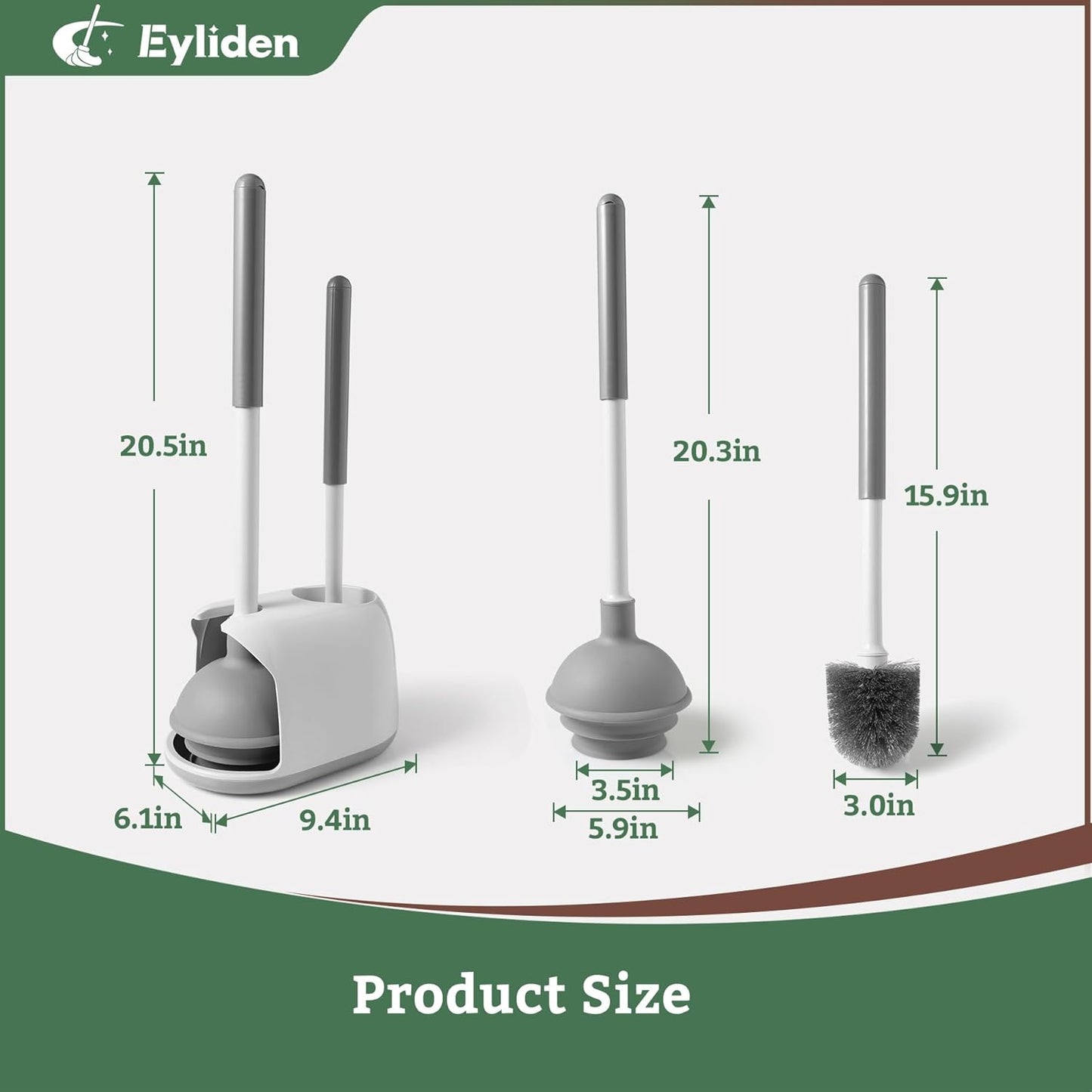 Eyliden Toilet Plunger & Brush Set, Upgrade 3-Step Suction Cup - Ultra-Tight Seal, Durable, Space-Saving Toilet Deep Cleaning Combo with Holder, Bathroom Essentials (1 Pack, White & Grey)