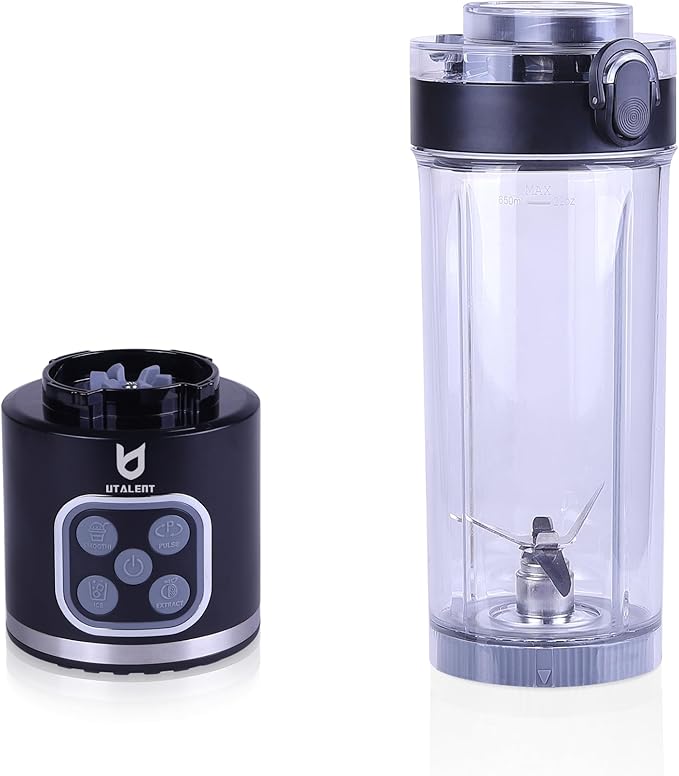 UTALENT Cordless Portable Blender, 25 oz removable Vessel,Powerful Personal Blender, for Smoothies, Ice Crush, 4 Programs, Leakproof-Lid & Sip Spout, USB-C Rechargeable, Dishwasher Safe Parts, Black
