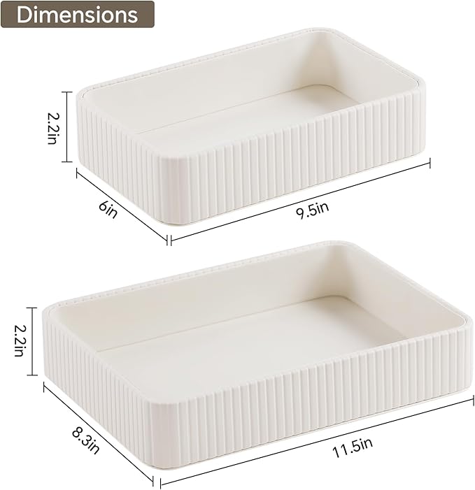2 Pack Nightstand Organizer Tray, Decorative Perfume Valet Tray Trinket Dish Catch All Purse Key Bowl, PU Leather Coffee Table Trays for Vanity Dresser Bedside Bathroom Countertop (Ivory)