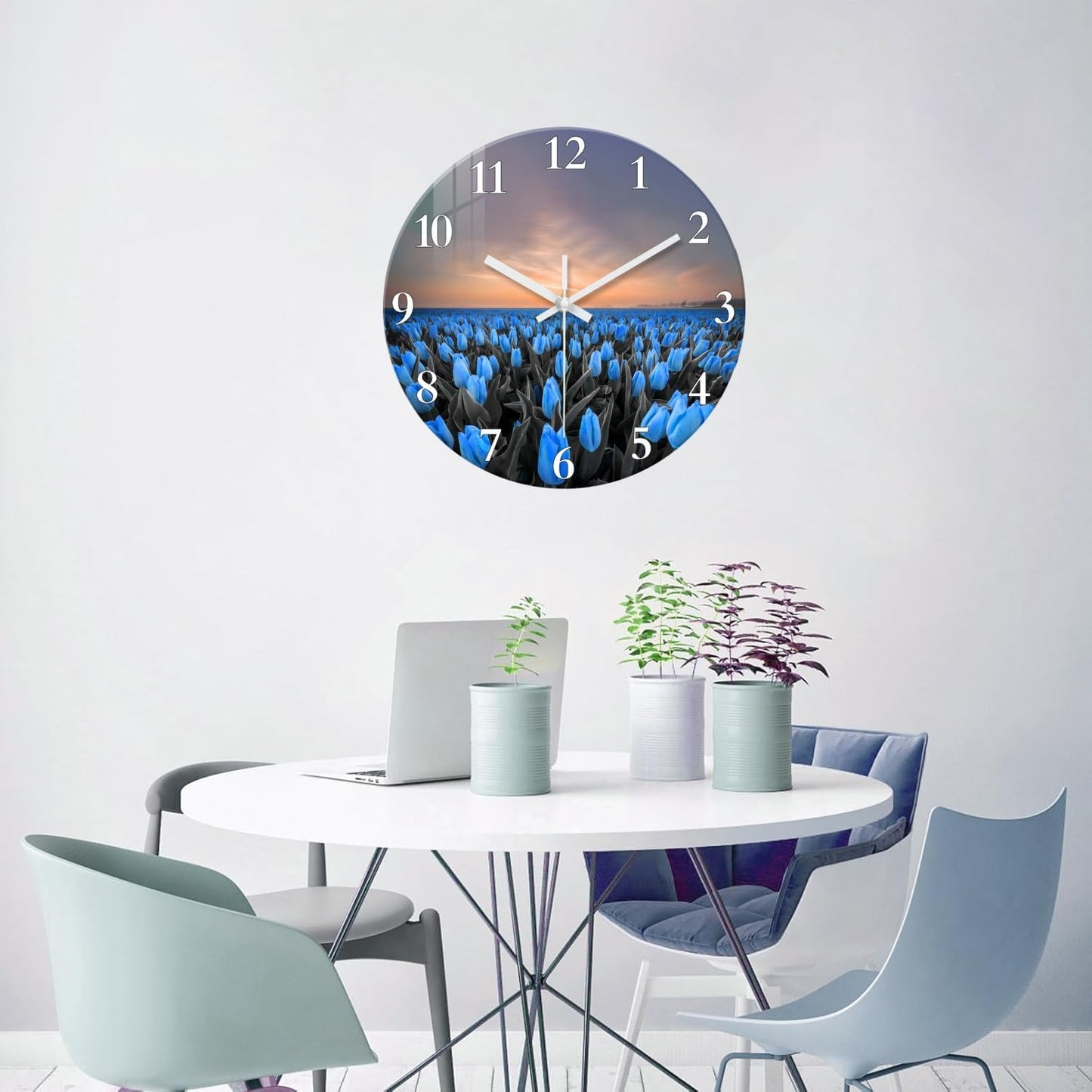 XFM Blue Tulips Glass Wall Clock 14 Inch Silent Non Ticking Battery Operated Clock Natural Flower Landscape Round Analog Clock for Kitchen Bedroom Decor