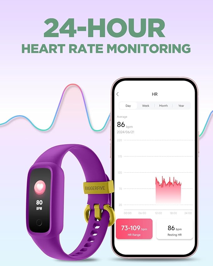 BIGGERFIVE Vigor 2 L Kids Fitness Tracker Watch for Boys Girls Ages 5-15, Activity Tracker, Heart Rate Sleep Monitor, IP68 Waterproof, Pedometer, Calorie Step Counter Watch, Purple