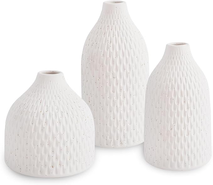 3 Piece Vase Set -White Ceramic Vase for Flowers for Office, Kitchen, Bedroom, Living Room, Bathroom & Shelf Centerpiece Table, Bookshelf - Home Decorative Vase Ideal Gift