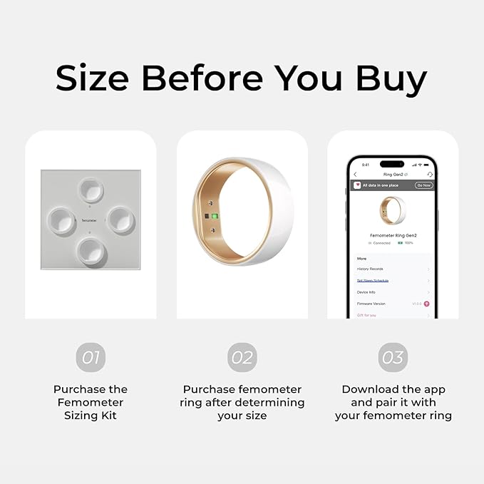 femometer Smart Ring Gen2 - Sleep, Heart Rate & Cycle Monitoring - Free Subscription - Women's Health & Fertility Tracker with BBT Technology - Size Before You Buy - Up to 7 Days Battery Life - Size 6