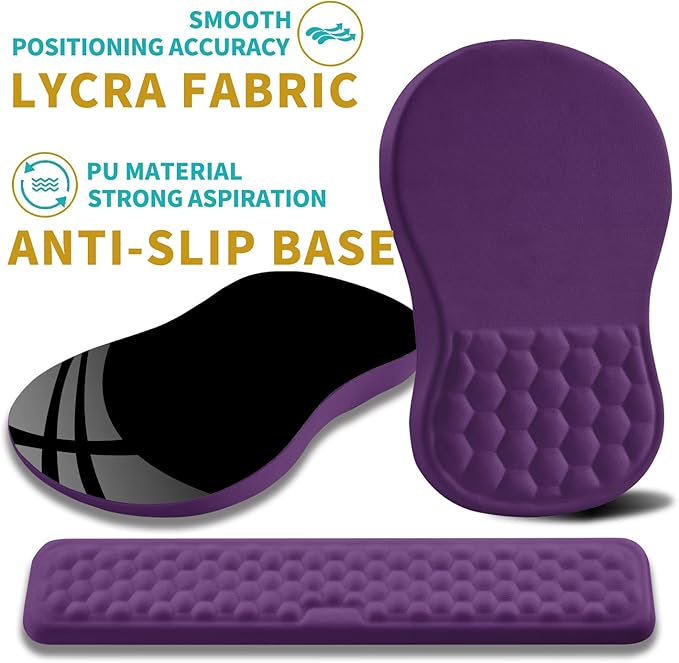 Hokafenle 2 in 1 Ergonomic Mouse Pad Wrist Support & Wrist Rest for Computer Keyboard Set, with Relieve Carpal Tunnel Pain Massage Bulge and Full Memory Gel Design (2In1 Set, Dark Purple)