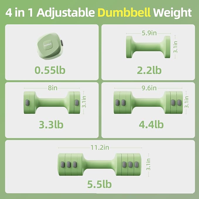 Lightweight Adjustable Dumbbell Kettlebell Set - 4 in 1 Free Weight Set with Kettlebell Grip Converter, Each 2.2 3.3 4.4 5.5lb Quick Change Weight Women Dumbbell Set for Small Spaces Home Gym