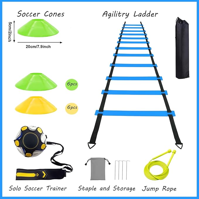 Soccer Agility Training Equipment Set, Soccer Accessories 12 Rung 20Ft Agility Ladder, 12 Disc Cones, Solo Soccer Trainer, Jump Rope - Speed Training Equipment Gifts for boy