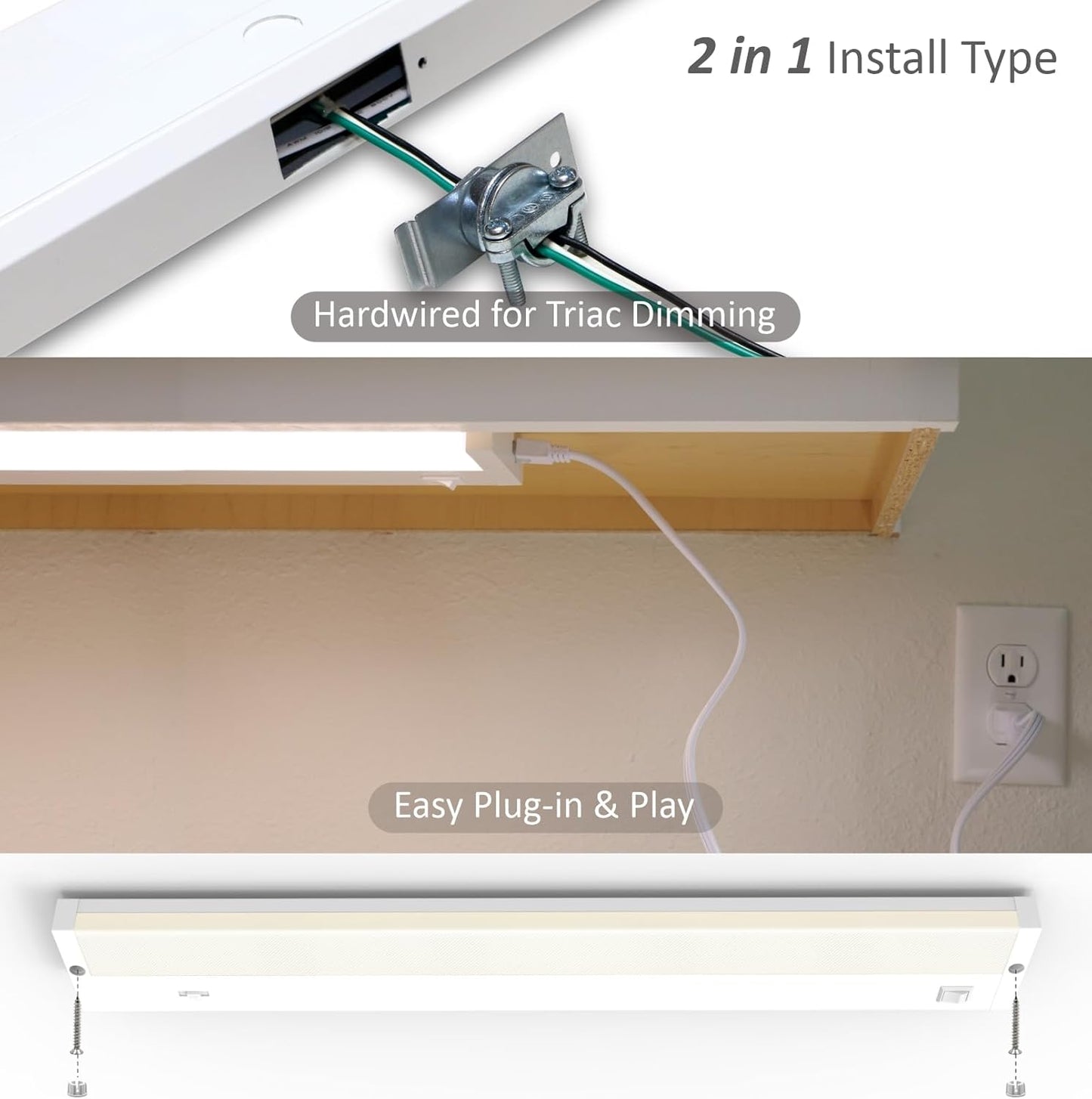 LED Under Cabinet Lighting Hardwired or Plug in, 16 Inch 8W, Dimmable 5 Color 2700K/3000K/3500K/4000K/5000K, Linkable Eyes Care Design Counter Lights for Kitchen, Sink, ETL Listed, White