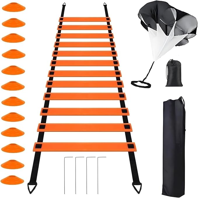 20 Pcs Sport Agility Ladder Speed Training Equipment Set,with 19FT Agility Ladder,Running Parachute,12 Soccer Cones for Basketball Football Soccer Boxing Training