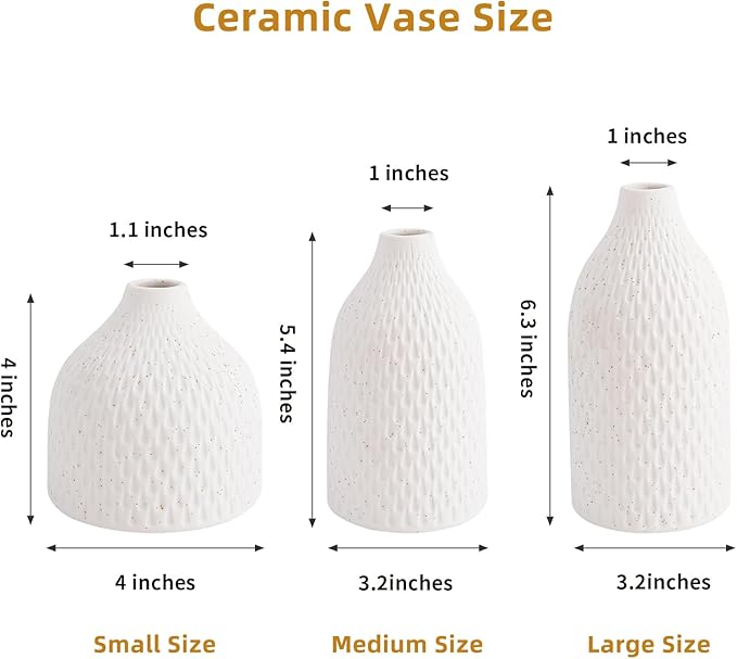 3 Piece Vase Set -White Ceramic Vase for Flowers for Office, Kitchen, Bedroom, Living Room, Bathroom & Shelf Centerpiece Table, Bookshelf - Home Decorative Vase Ideal Gift