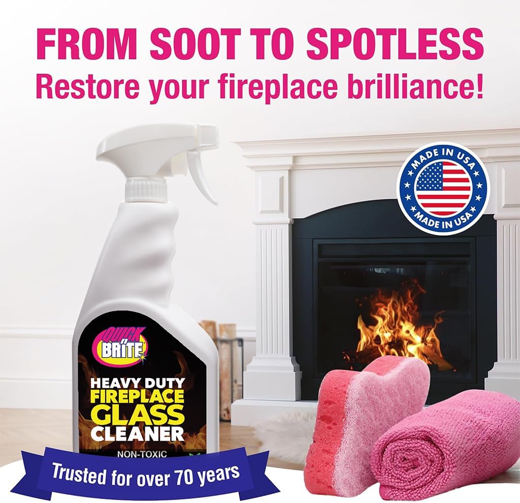Quick 'n Brite Fireplace Glass Cleaner 24oz, Nonabrasive Cleaning Spray for Oven, Cooktops, Ceramic-Glass, Microwave Glass
