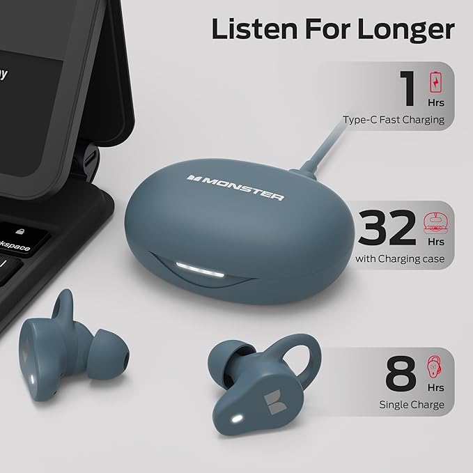Monster N-Lite 210 Wireless Earbuds, Bluetooth 5.4 in Ear Stereo Headphones, Built-in Mic for Crystal Clear Call, 32H Playtime, Waterproof Earphones for Sports