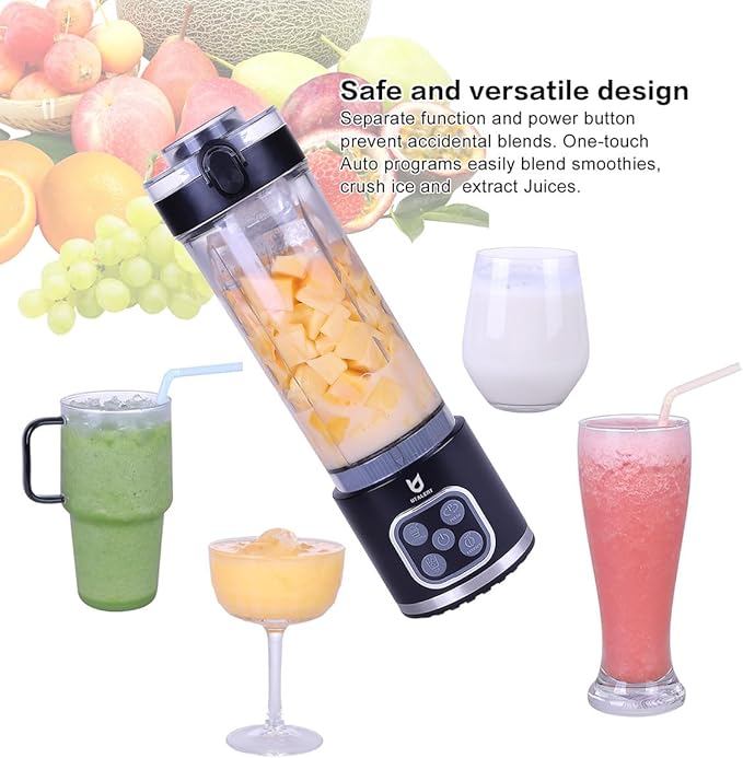 UTALENT Cordless Portable Blender, 25 oz removable Vessel,Powerful Personal Blender, for Smoothies, Ice Crush, 4 Programs, Leakproof-Lid & Sip Spout, USB-C Rechargeable, Dishwasher Safe Parts, Black